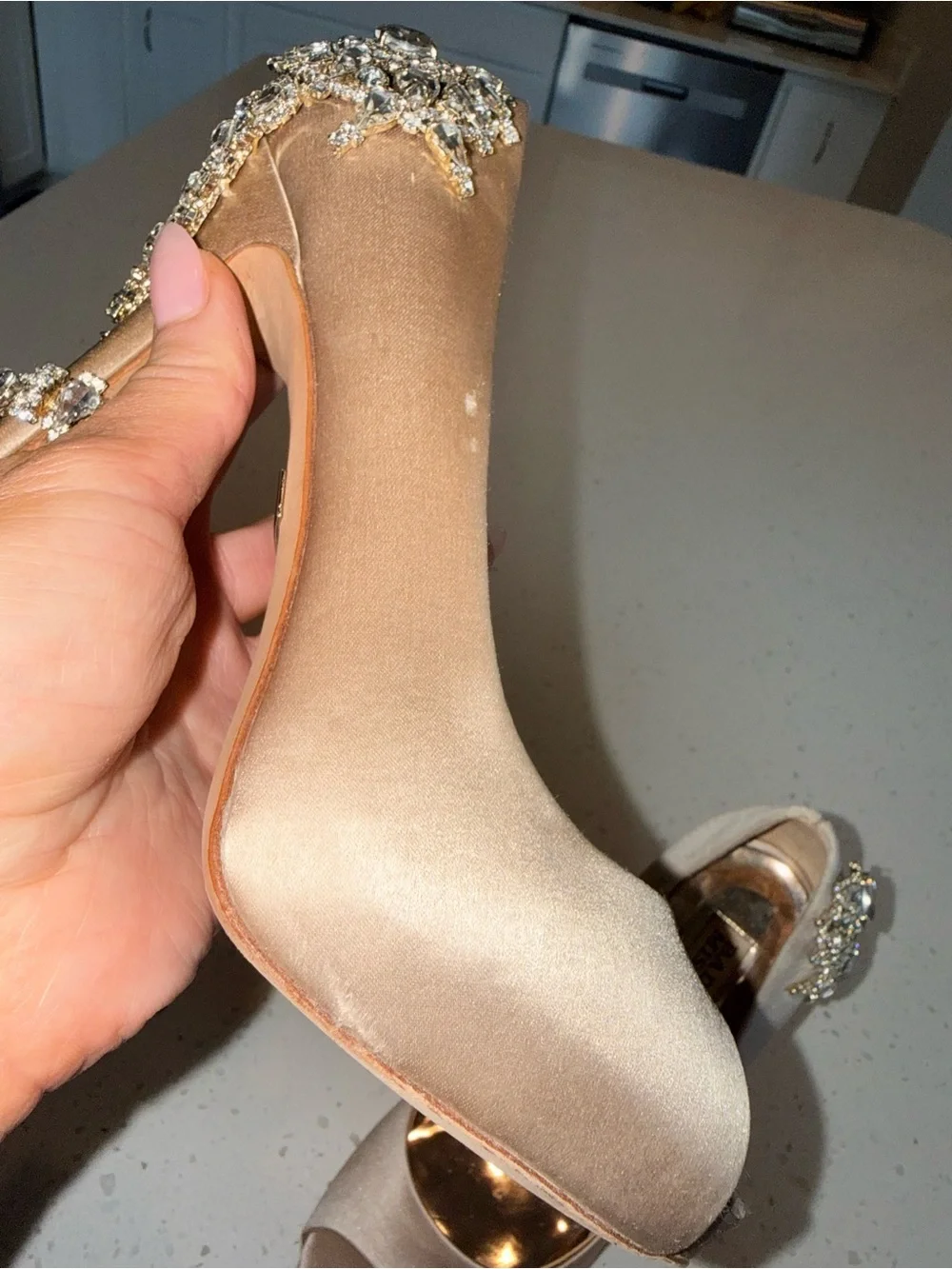 Badgley Mischka Rose Gold Satin Peep-Toe Heels with Crystal Brooches